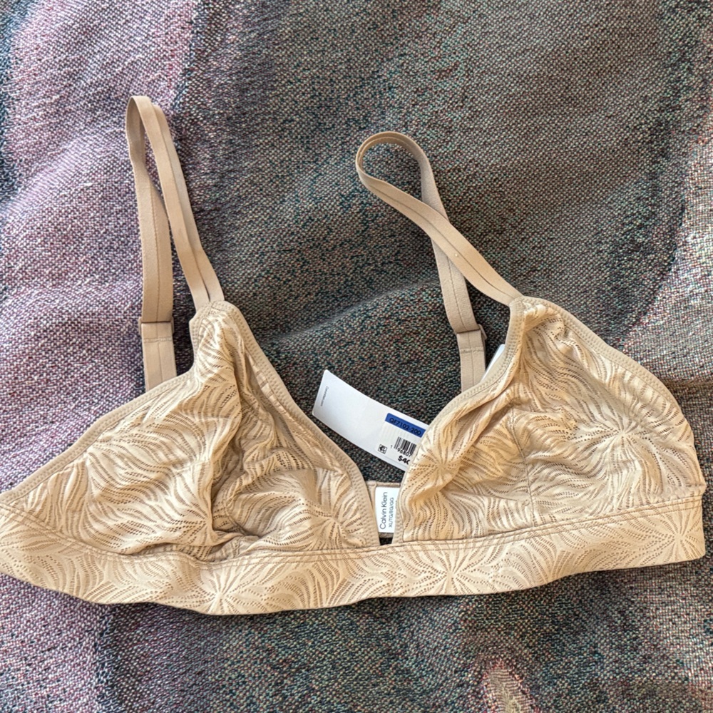 Calvin Klein triangle sheer Tan Patterned Bra marquisette lace xl nwt